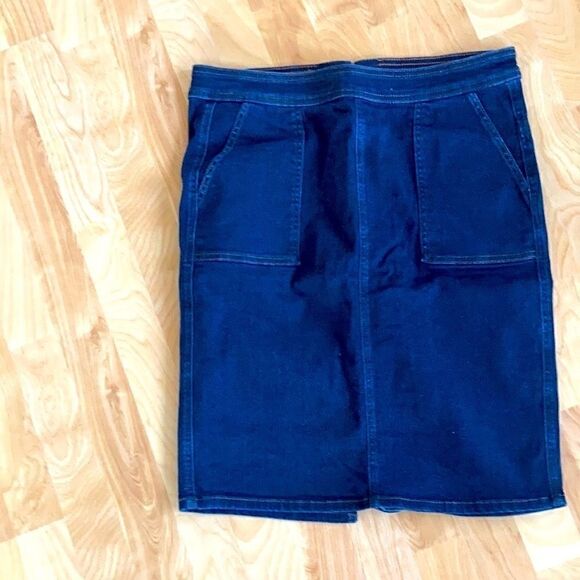 Land’s End denim mini skirt zipper stretch top stitching slit pockets Navy 8P - Picture 1 of 14